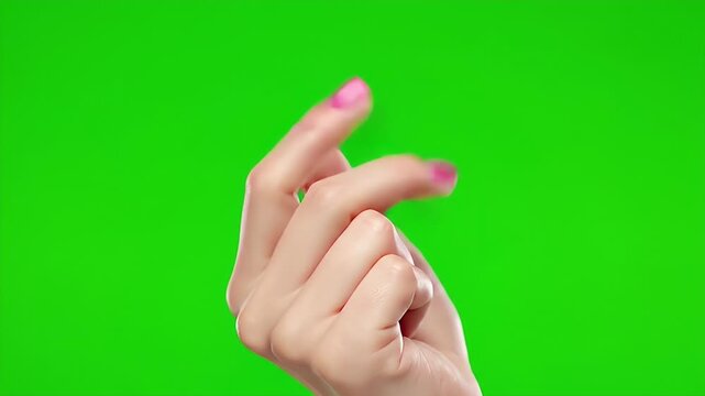 Female Hand Making Finger Heart Gesture with Pink Nail Polish on Green Screen Background
