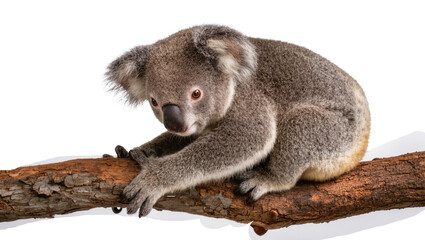 Fluffy grey koala clinging to a rough brown tree branch, isolated on transparent background © Corotaev