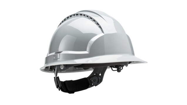 Shiny white hard hat with ventilation slots, isolated on transparent background