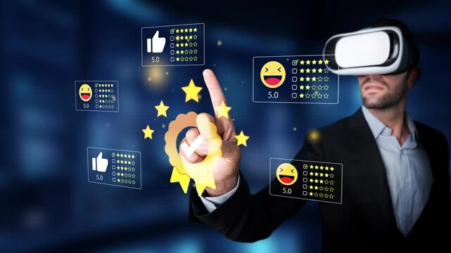 Man in Virtual Reality Headset Engaging with Digital Ratings and Reviews Interface to Enhance User Experience and Make Informed Decisions. Entropy.