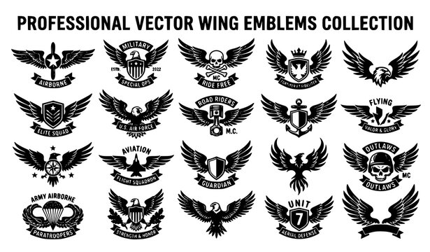 Black feather wing emblem collection aviation and heraldic vector icons isolated on white