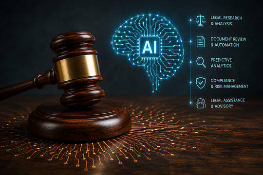 A wooden judge gavel stands on a desk next to a glowing artificial intelligence digital brain representing automated legal research document review and modern compliance