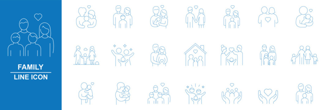 Modern family relationships icon set. Thin line vector illustration icons with editable stroke. Love, marriage, parenting, childhood, elderly care, emotional connection, conflict, and family support