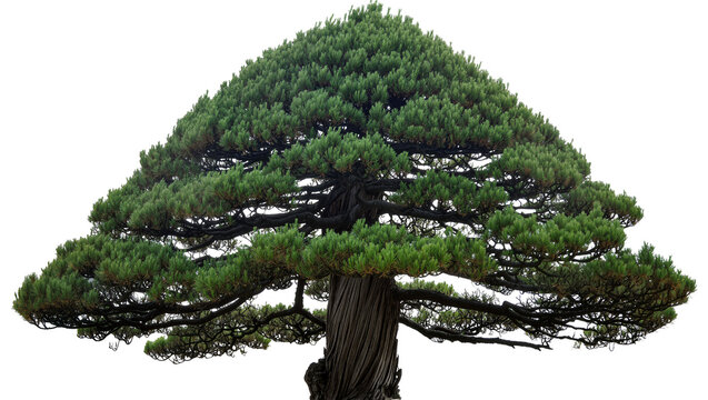 Twisted trunk of a mature pine tree with dense green foliage, isolated on transparent background