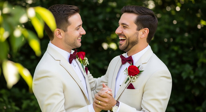 Two men in cream suits laugh together outdoors, showcasing joy and connection, symbolizing love and partnership, ideal for wedding or relationship themes
