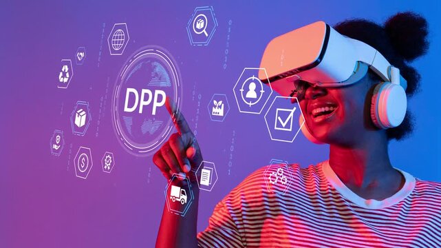 Diverse individual exploring virtual reality technology with digital interface overlays showcasing various icons and data points related to digital experiences. Entropy.