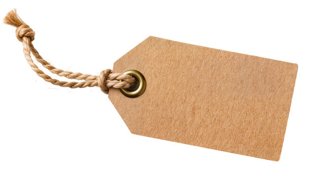 Brown kraft paper tag with jute string and brass grommet, isolated on transparent background