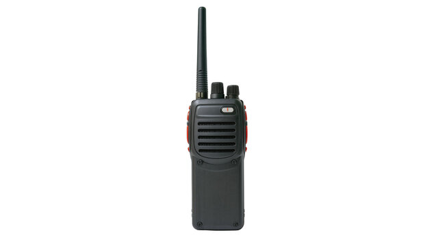 Black portable two-way radio with red accents, isolated on transparent background