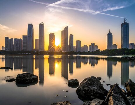 Sunset skyline over calm water with city reflections.