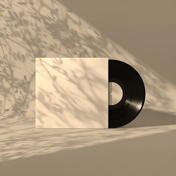 Blank vinyl record sleeve with black LP mockup under leaf shadows - Minimalist retro music album - Presentation cover template