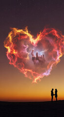 Fototapeta premium Silhouetted couple holding hands with a vibrant heart-shaped nebula overhead, symbolizing love and cosmic wonder on Valentine's Day