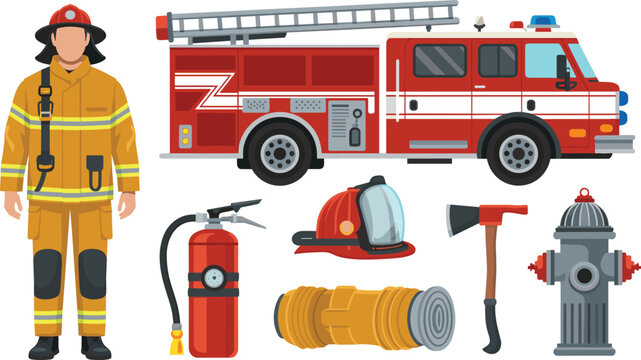 Fire Truck Engine and Firefighter Uniform with Emergency Rescue Equipment Set Including Extinguisher Hydrant Helmet Hose and Axe for Safety Graphic Designs