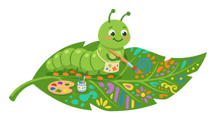 Naklejka premium Cute caterpillar painting colorful patterns on a green leaf, illustration
