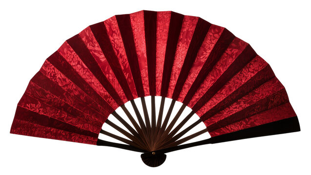 Ornate red silk folding fan with floral pattern, isolated on transparent background