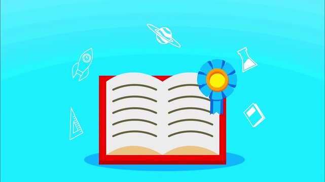 Open book model with a blue award ribbon rosette surrounded by floating science school icons.