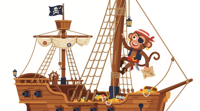 Sailing Pirate Monkey on Treasure Ship with Jolly Roger Flag - Isolated