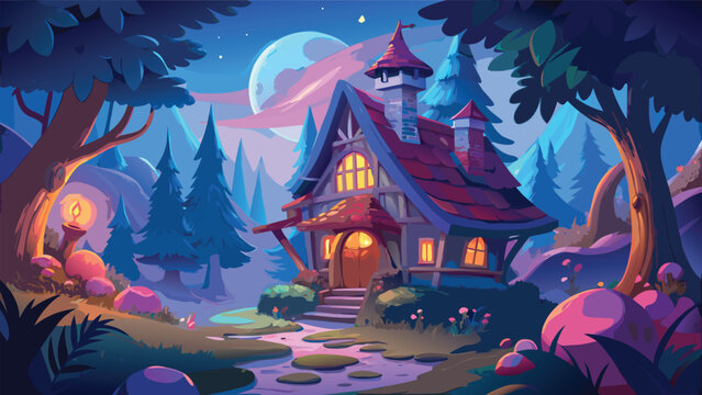 Whimsical forest cottage bathed in moonlight with glowing mushrooms and starry sky vector illustration
