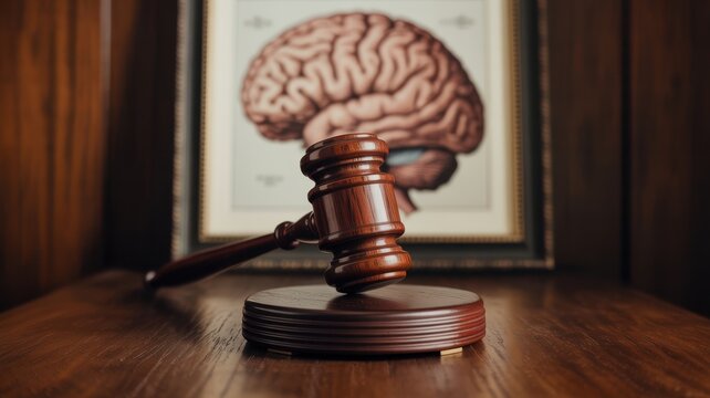 A polished wooden judge gavel resting on a matching desk in front of a framed anatomical of a human brain, symbolizing law, justice, and neuroscience