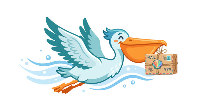 Smiling pelican flies with mail package over water, cartoon illustration