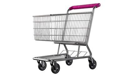 Shiny chrome shopping cart with pink handle, isolated on transparent background © Maria