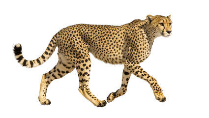 Spotted cheetah walking with tail raised, isolated on transparent background © Veaceslav