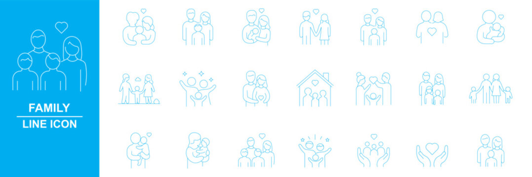 Modern family relationships icon set. Thin line vector illustration icons with editable stroke. Love, marriage, parenting, childhood, elderly care, emotional connection, conflict, and family support