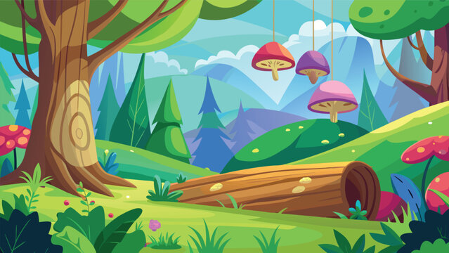 Whimsical forest scene with hanging mushrooms and a fallen log during a bright sunny day vector illustration