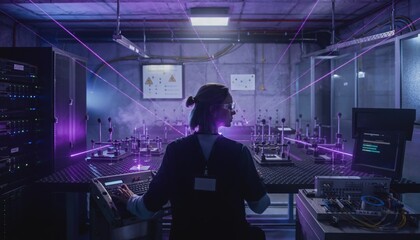 Fototapeta premium Scientist Working in High-Tech Laboratory with Laser Equipment and Computer Technologies for Research and Development Purposes