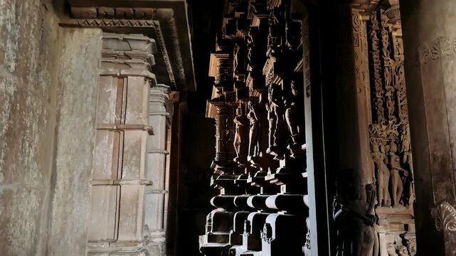 Khajuraho. Chaunsat Yogini Temple. Dedicated to the goddess Kali. Unesco World Heritage Siteing bas relief panorama, Lakshmana Temple, Khajuraho, India. Unesco World Heritage Site