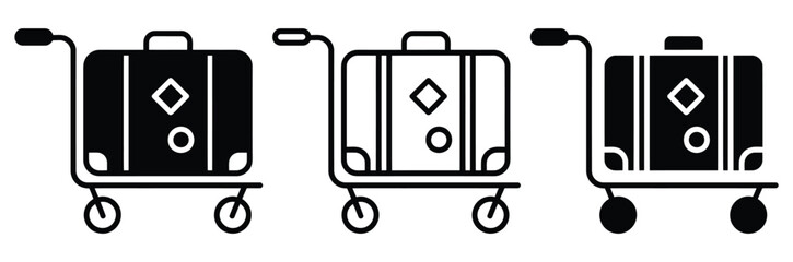 Three black and white luggage icons on carts for travel and transportation themes © Prime Stocks