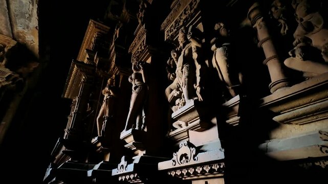 Khajuraho. Chaunsat Yogini Temple. Dedicated to the goddess Kali. Unesco World Heritage Siteing bas relief panorama, Lakshmana Temple, Khajuraho, India. Unesco World Heritage Site
