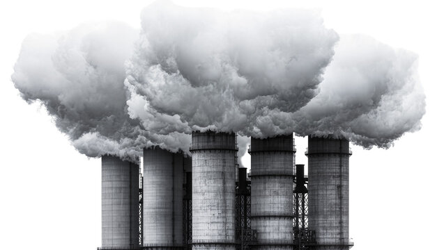 Industrial chimneys emitting thick smoke, isolated on transparent background