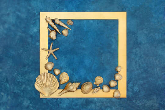 Abstract gold nature seashell objects background frame on mottled. Square border decorative art for summer luxury zen design with seaside theme. 
