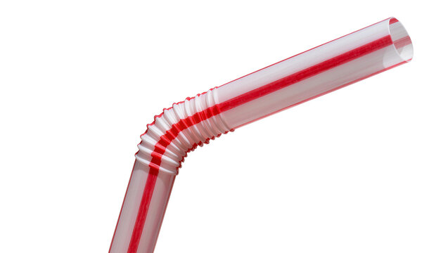Red and white striped flexible drinking straw, isolated on transparent background
