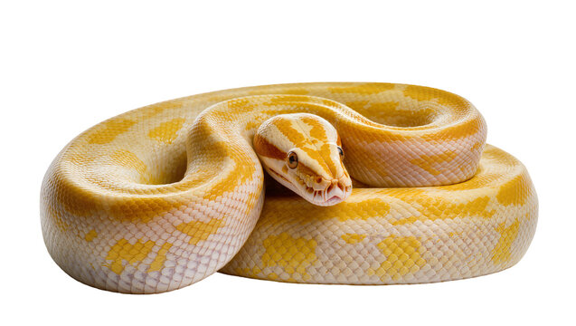 Albino python coiled with yellow and white scales, isolated on transparent background