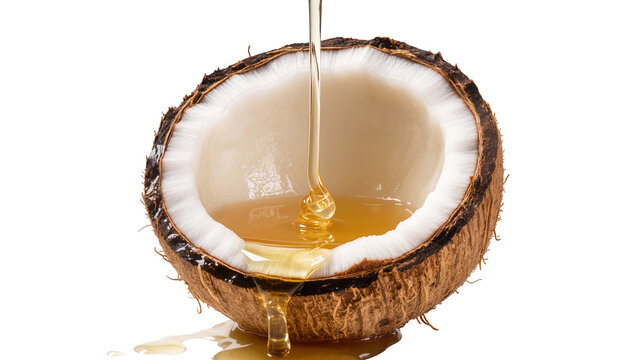 Half coconut with golden liquid pouring into it, isolated on transparent background