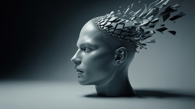 Conceptual 3d render of a human head profile shattering into small geometric fragments representing mental health struggles, cognitive decline, or complex psychological breakdown