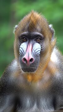 Close up portrait of a mandrill primate with colorful facial markings in a lush green forest setting