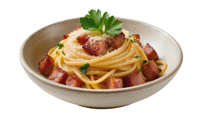 Spaghetti carbonara with crispy pancetta cubes and grated cheese, isolated on transparent background