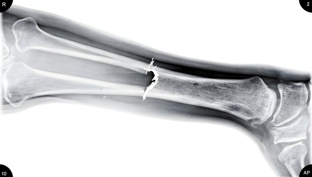 AP view radiograph of ulnar shaft fracture in forearm with sharp cortical break