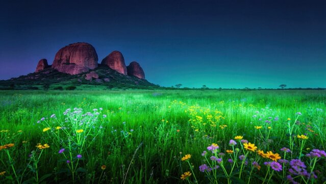 Green African meadow with wildflowers and distant kopje rock