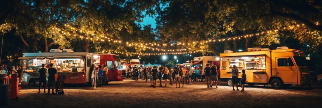 Lively summer evening market scene with colorful food trucks, string lights creating a festive atmosphere, and people enjoying street food and socializing outdoors
