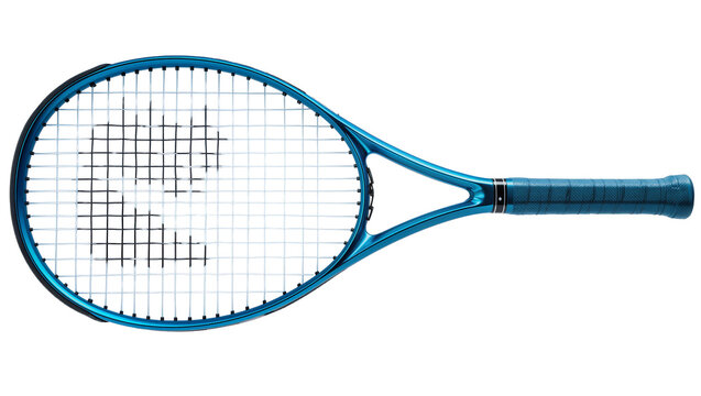 Shiny metallic blue tennis racket with white strings, isolated on transparent background