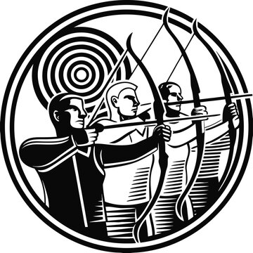 Archery, black and white illustration, archer icons, bow and arrow graphics