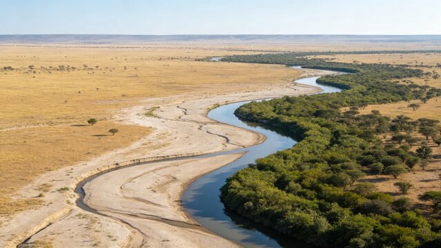 African plains landscape with dry riverbed winding through g