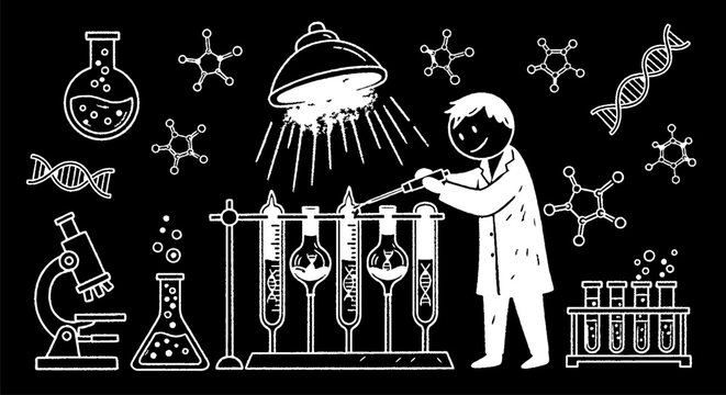 Cartoon Scientist Conducting Alien DNA Experiments in Lab.