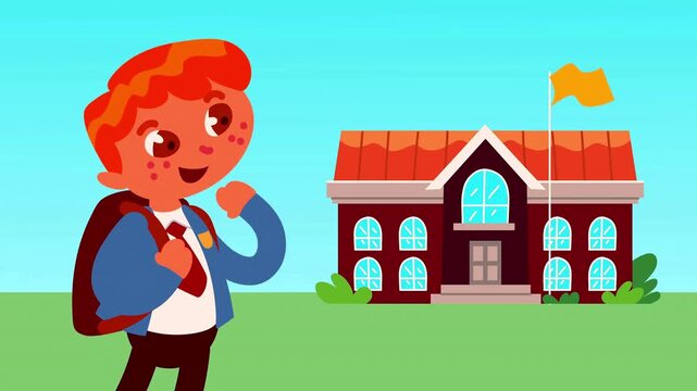 Little boy student character with a backpack standing outside the elementary school front yard.