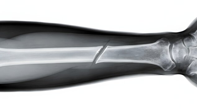 Close view of ulnar bone shaft fracture on forearm X-ray with cortical line separated