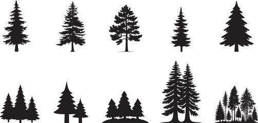 Obraz premium Pine tree silhouettes, forest icons, black tree shapes, vector graphics, nature symbols, 10 tree designs