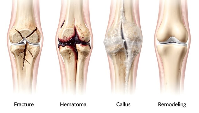 Close-up diagram of leg fracture healing progression showing bone break, hematoma, callus, and remodeling